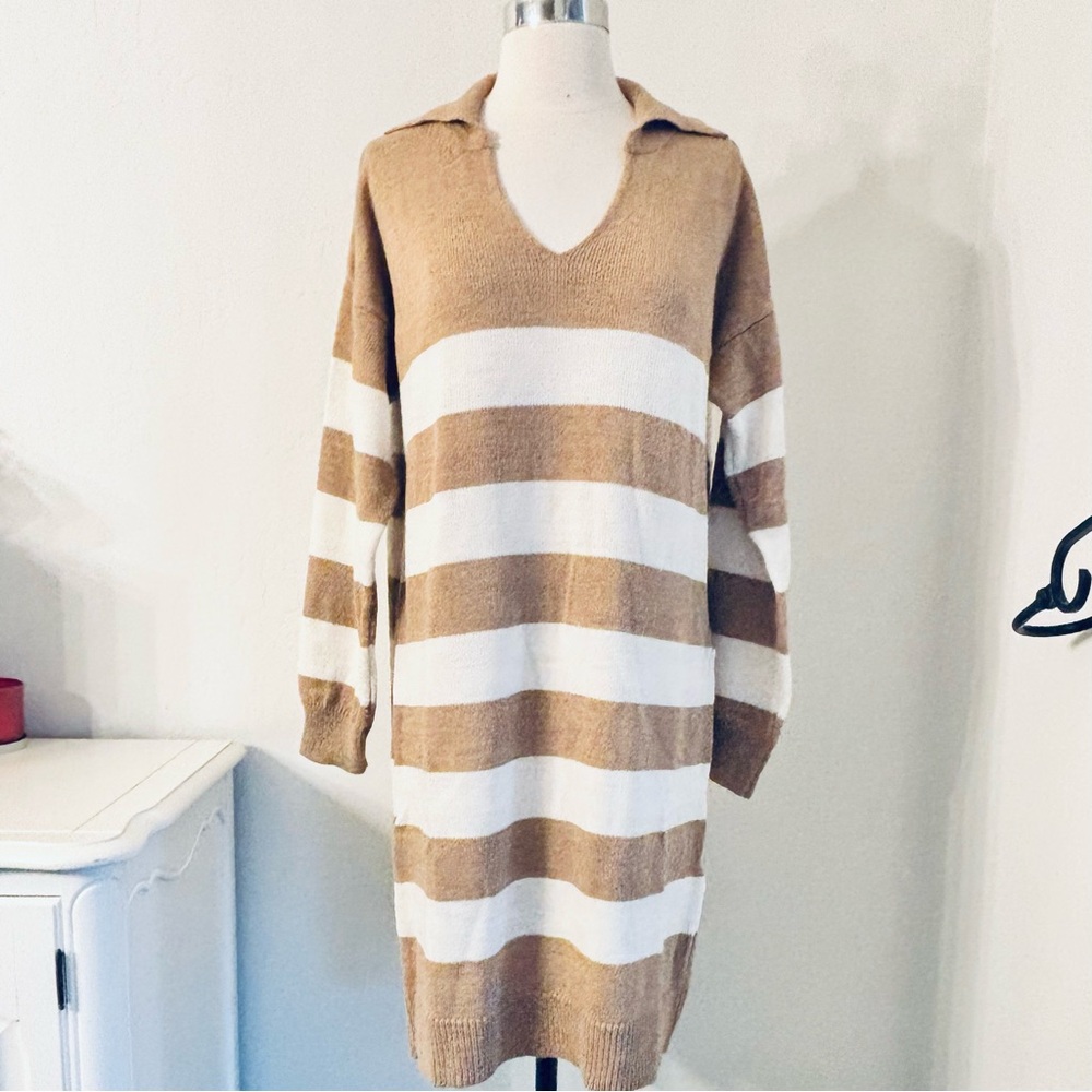Cocogio Stripe Knit Johnny Collar Sweater Dress, Wool Blend, Camel/Ivory, L NWT